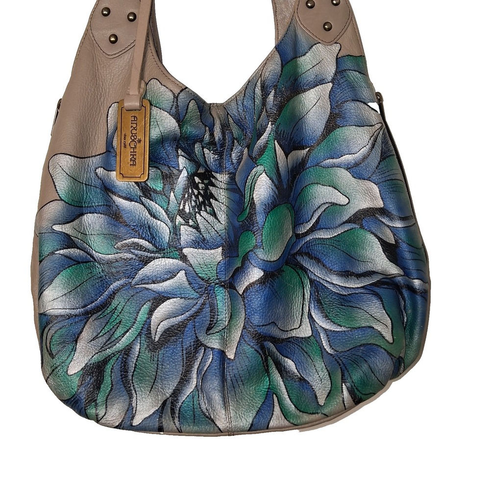 Anuschka Hand Painted Multi Pocket Hobo Leather Bag Floral Motif